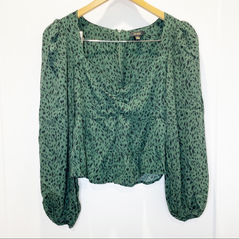 AFRM Hunter Green Cheetah Print Puff Sleeve Cropped Peplum Sweetheart Blouse